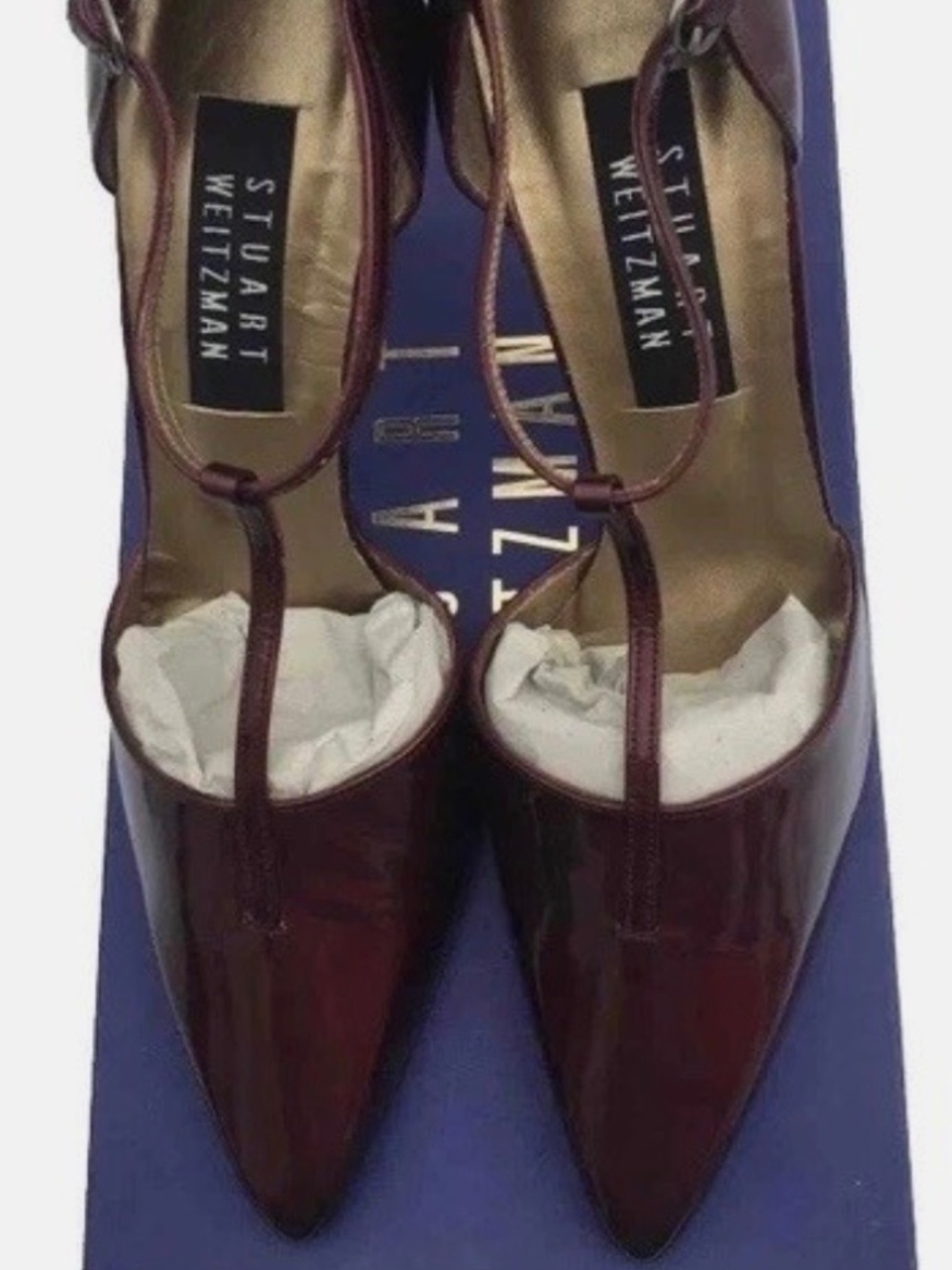 Stuart Weitzman Reality T-Strap Pumps Cranberry Quasar Patent Leather 7 NIB Vtg